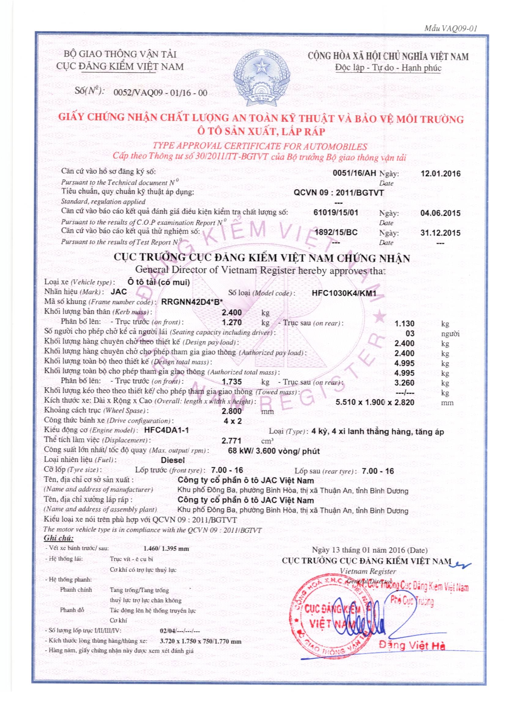 TSKT Jac cc 2.4T (HFC1030K4), Thùng Bạt 13-1-2016